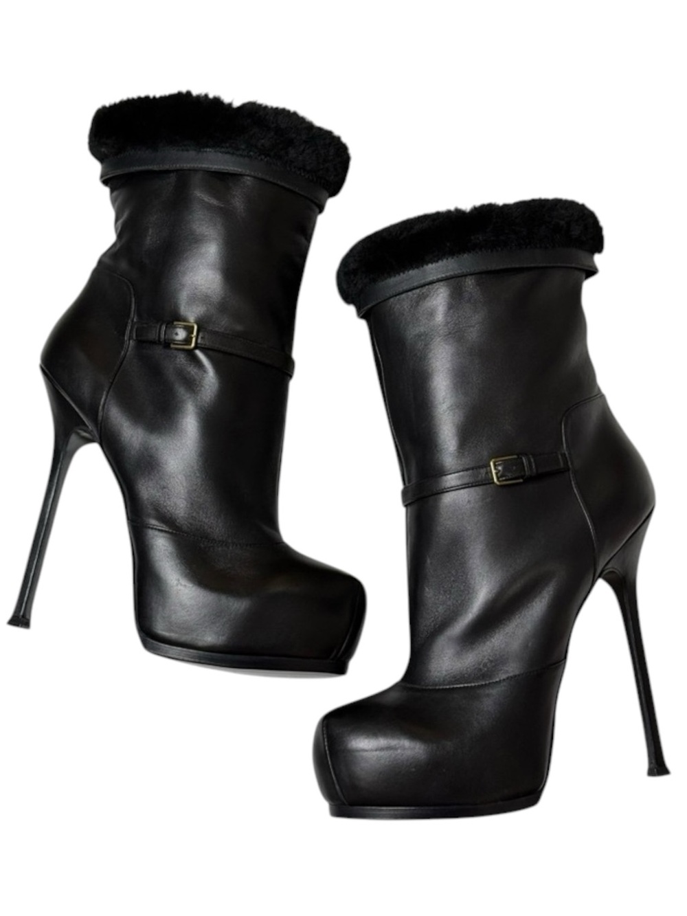 new Yves Saint Laurent ♔ Tribtoo 105 Platform Boots ♔ Black Leather Fur ♔ 11.5M - Picture 9 of 16